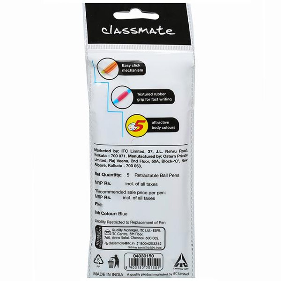 Classmate B Fast Retractable Blue Ball Pens Pack Of 5
