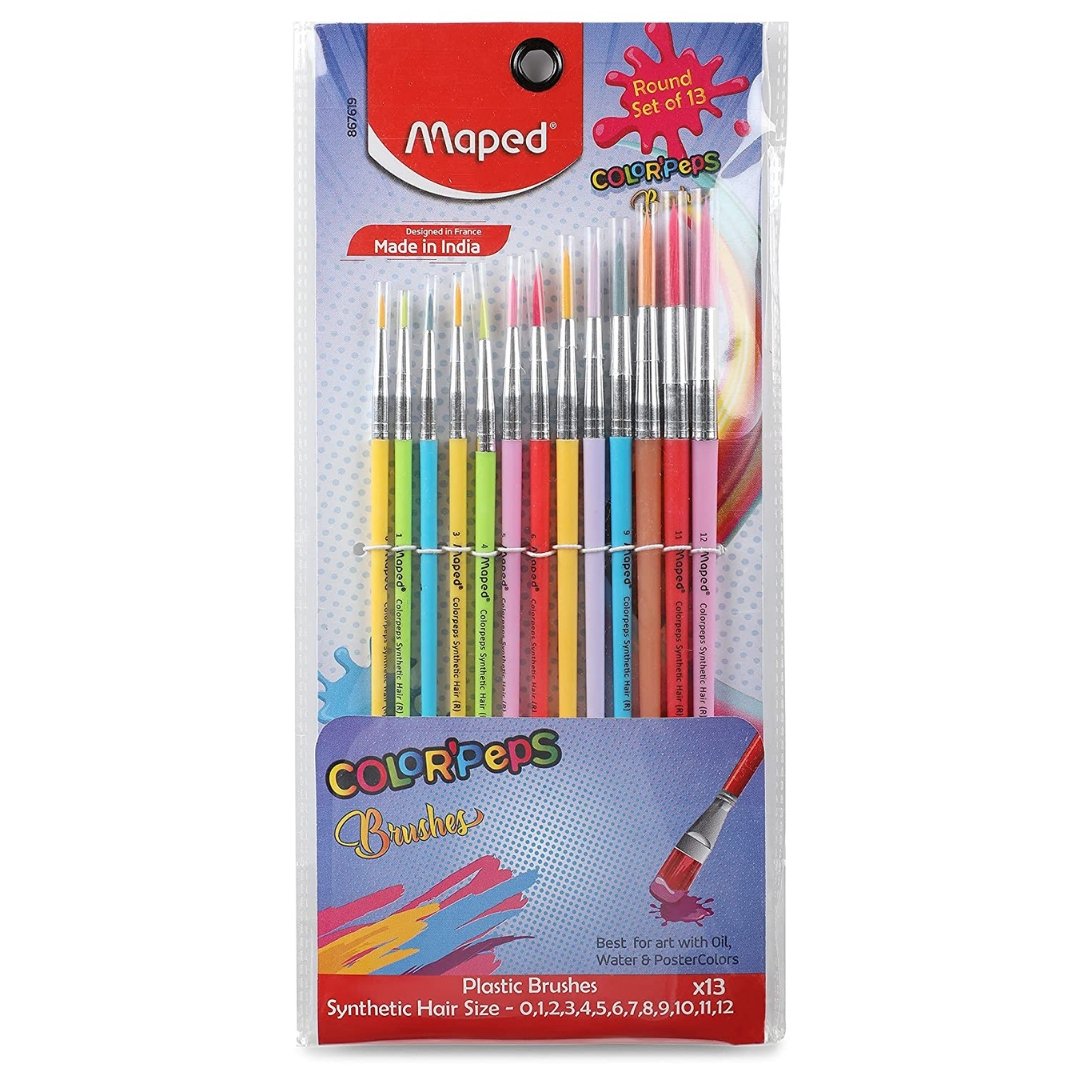 MAPED Color'Peps Synthetic Round Brushes Set - Pack of 13, Multicolour