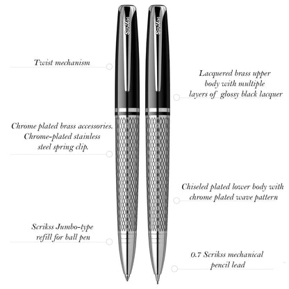 Scrikss Pera 477 Black-CT Fountain Pen+ Ballpoint Pen + Mechanical Pencil Set