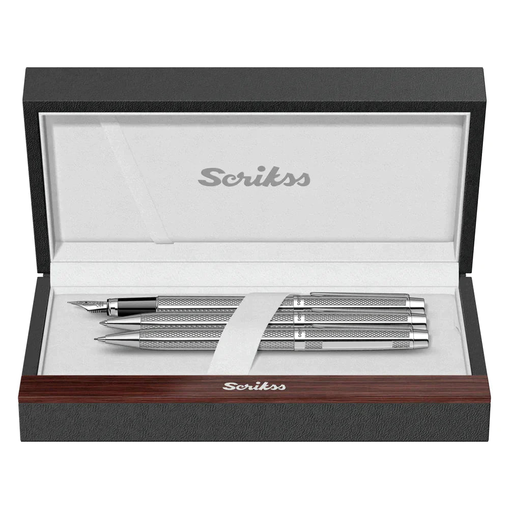 Scrikss Venus 722 Chrome CT Fountain+ Ballpoint Pen+ Mechanical Pencil Set