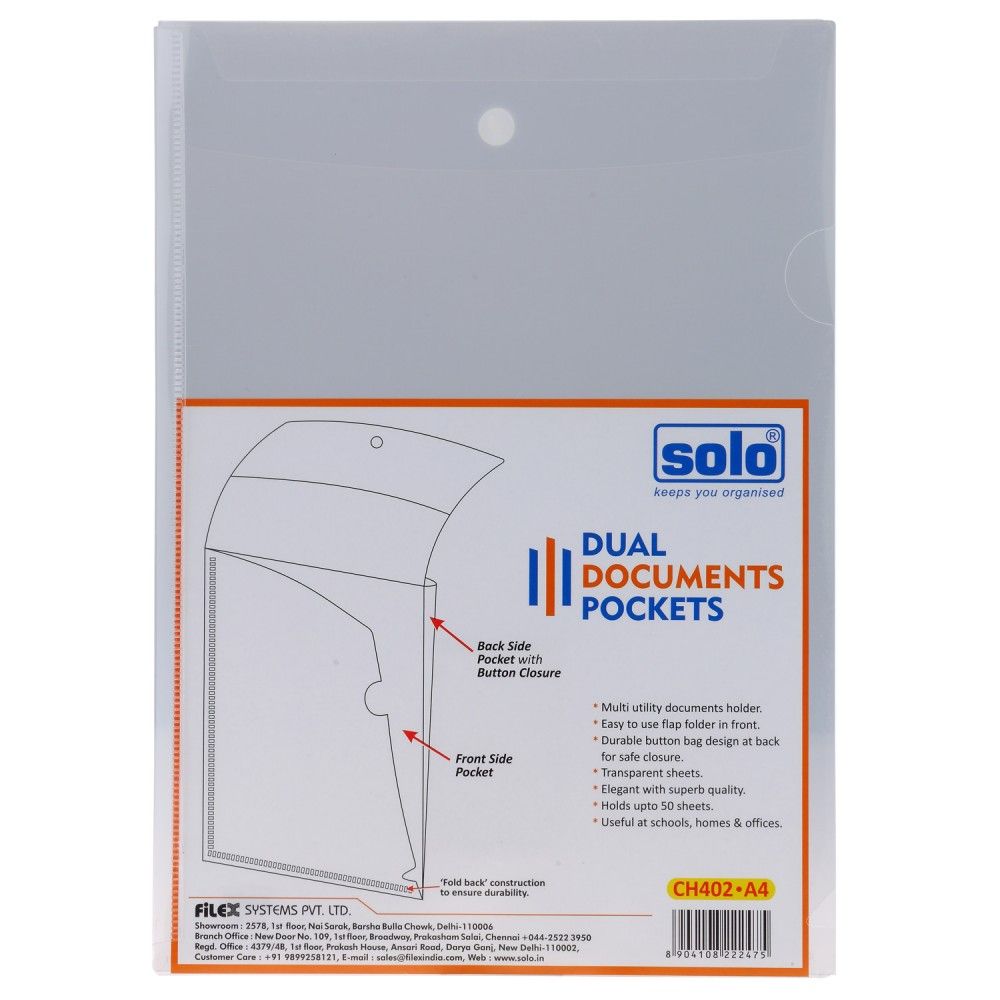 Solo Dual Documents Pockets - A4 (Pack Of 4)