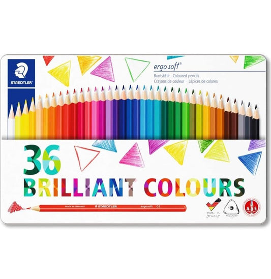 Staedtler Ergosoft Triangular Colouring Pencil, Assorted Colours, Tin of 36
