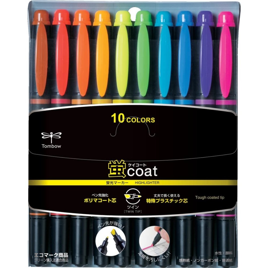 Tombow Kay Coat Double Side Fluorescent Highlighter Pen - 10 Color Set